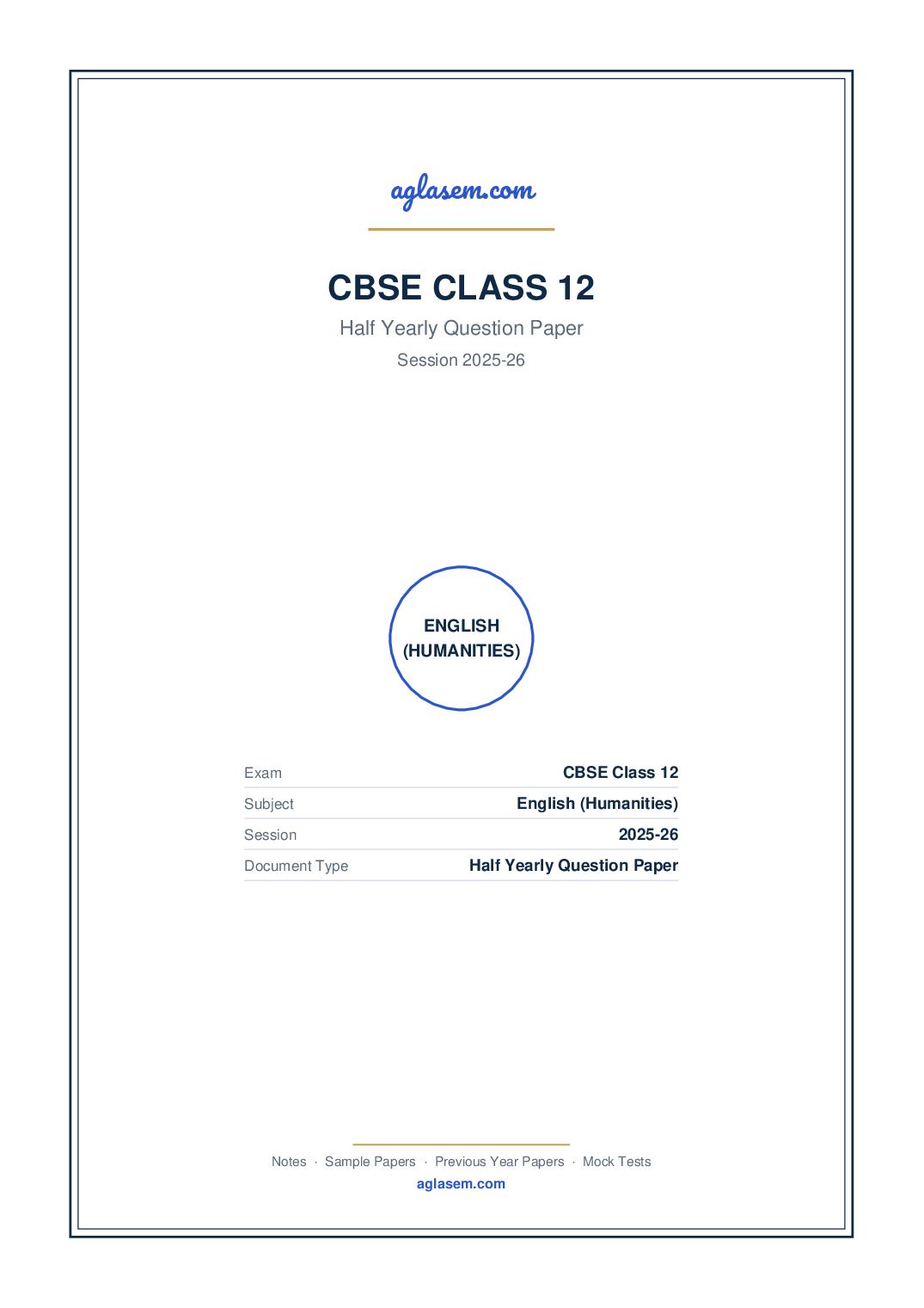 Class 12 Half Yearly Question Paper 2025-26 English (Humanities) - Page 1 of 11
