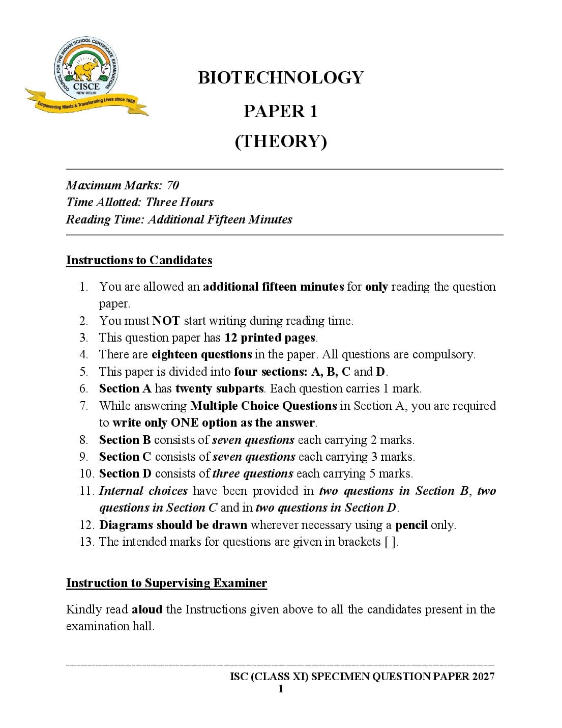 ISC Class 11 Biotechnology Specimen Paper 2027 (PDF)