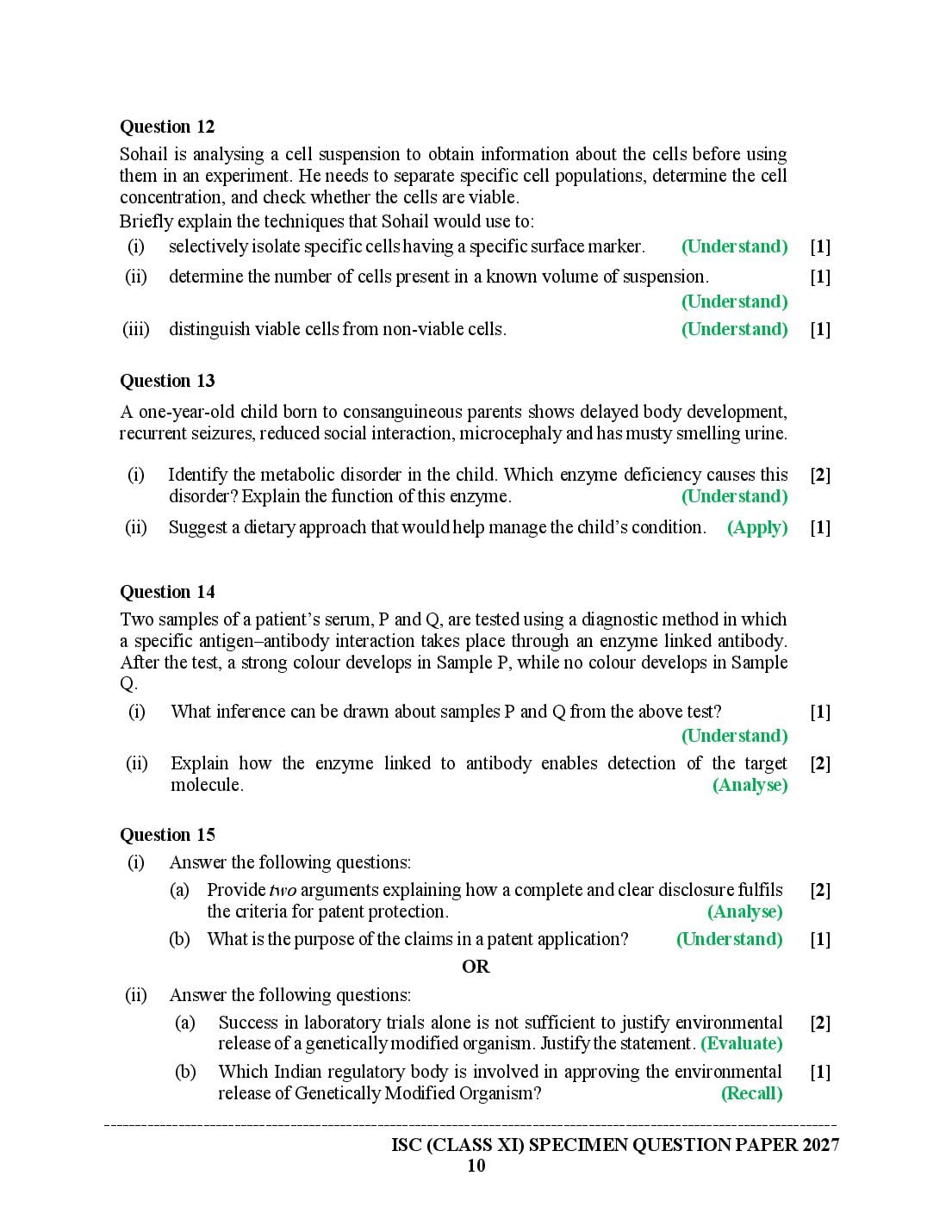 ISC Class 11 Biotechnology Specimen Paper 2027 (PDF)