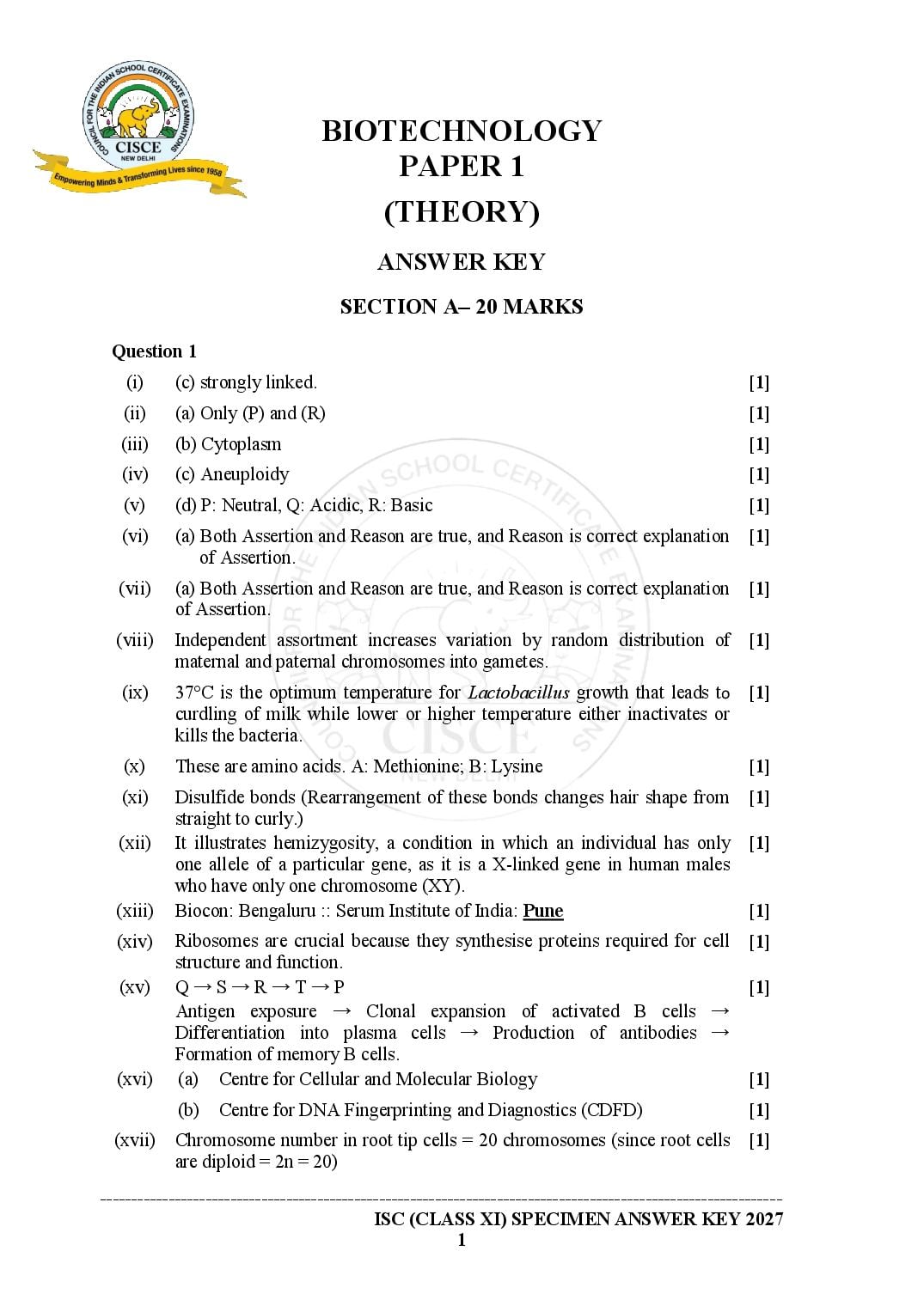 ISC Class 11 Biotechnology Specimen Paper 2027 (PDF)