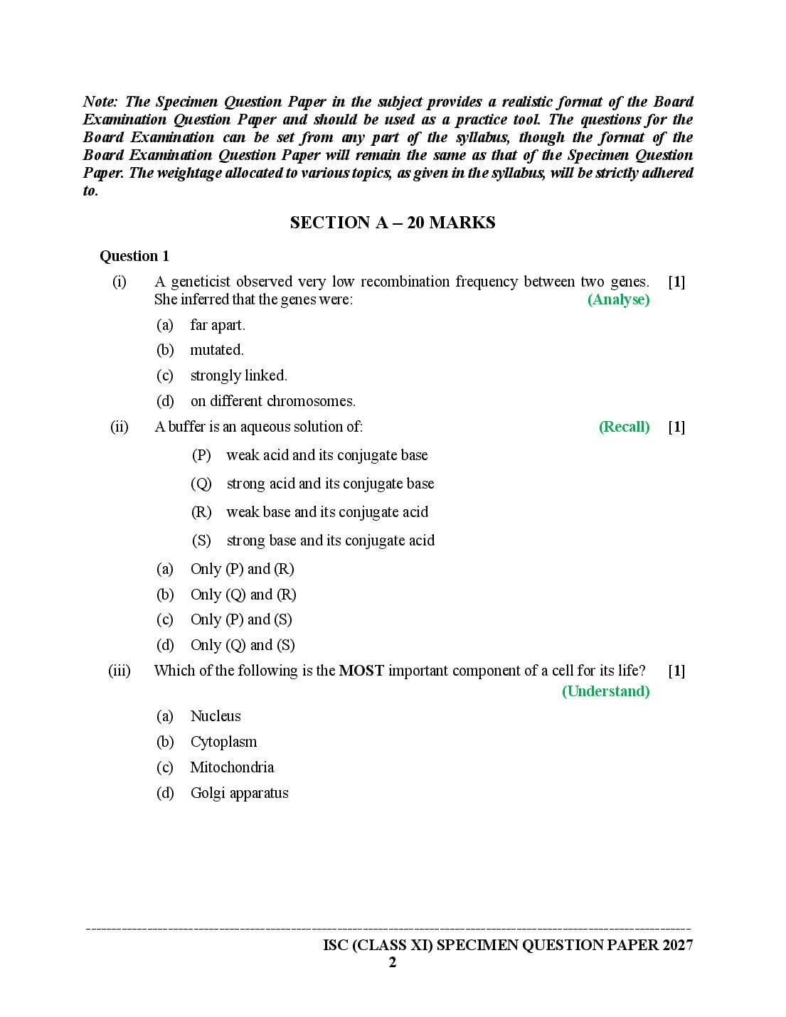 ISC Class 11 Biotechnology Specimen Paper 2027 (PDF)