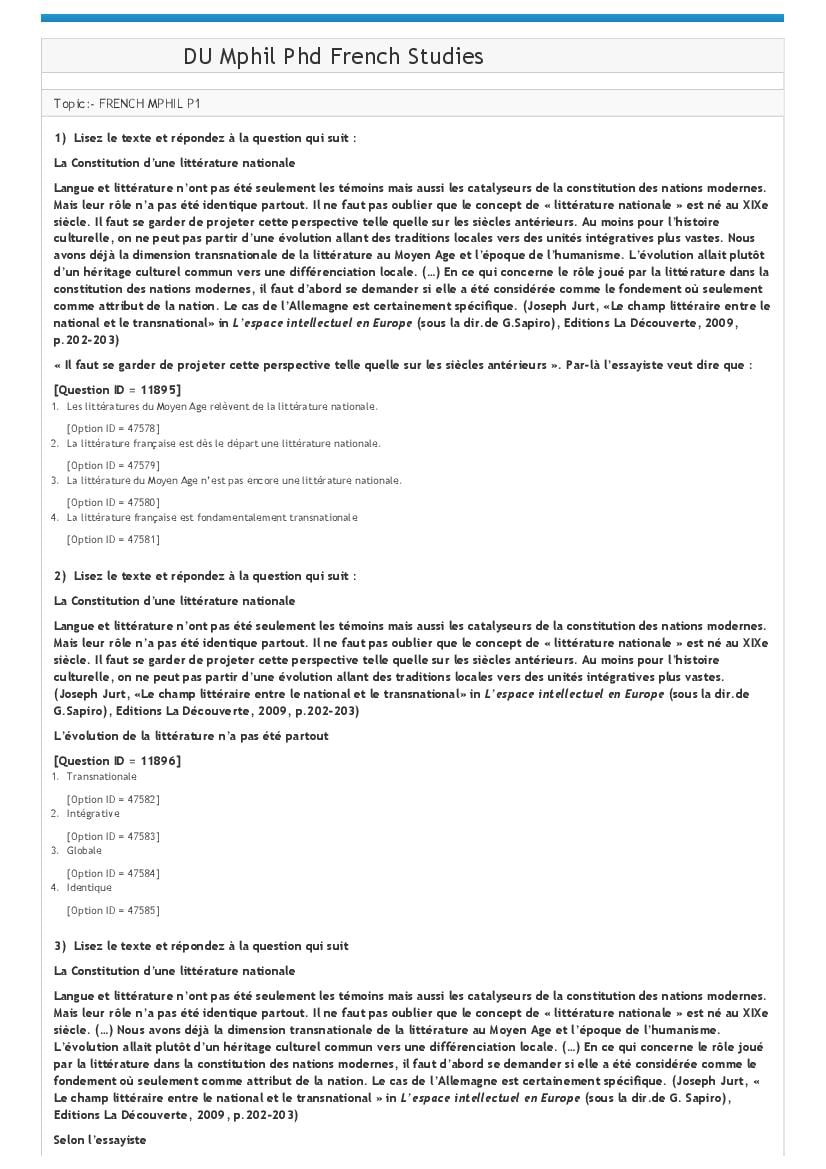 DUET 2021 Question Paper M.Phil Ph.D in French Studies - Page 1