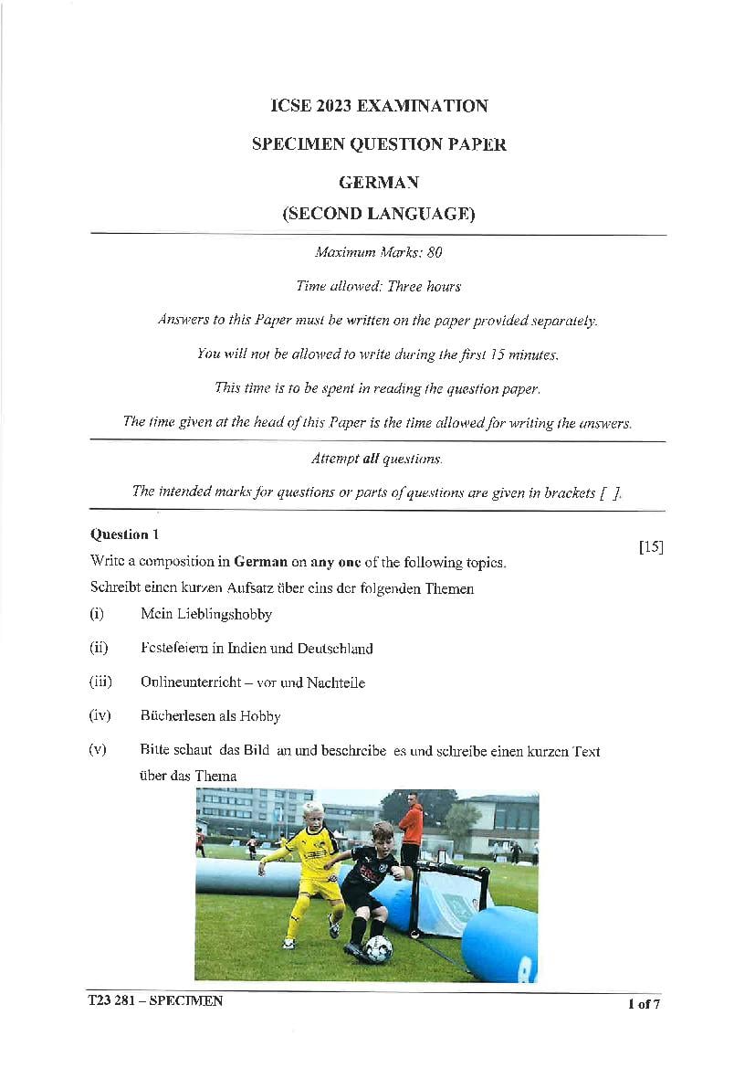 ICSE German Specimen Paper 2024 (PDF) CISCE Class 10 German Sample Paper
