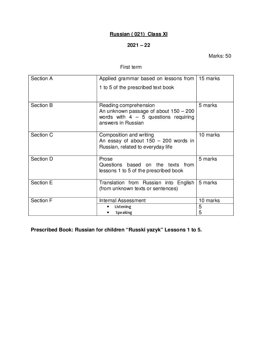 CBSE Class 12 Term Wise Syllabus 2021-22 Russian - Page 1