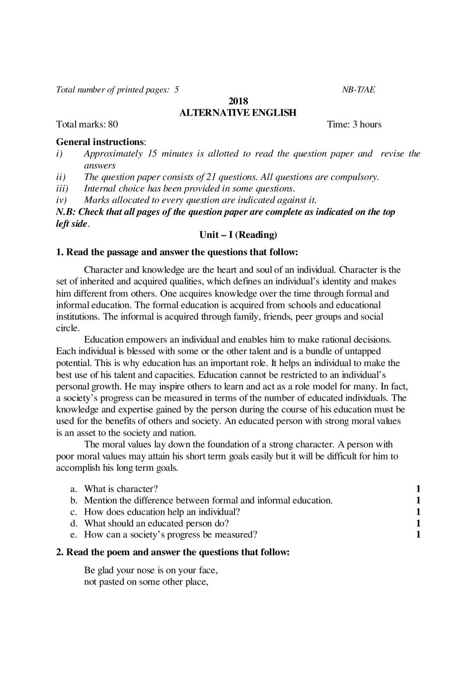 NBSE Class 10 Question Paper 2018 for Alternative English - Page 1
