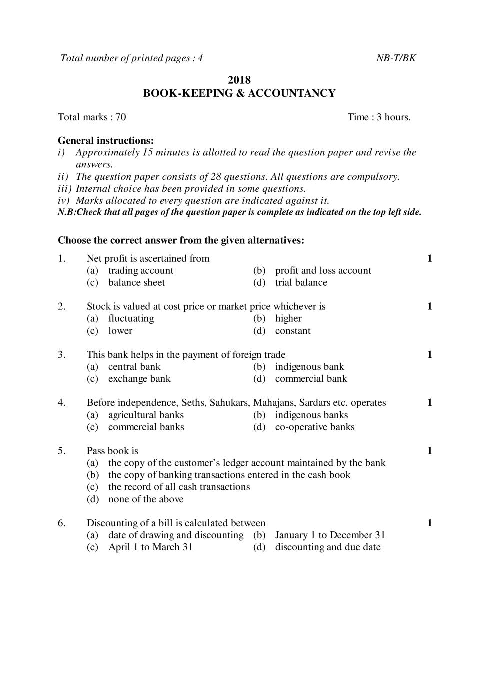 NBSE Class 10 Question Paper 2018 for Book Keeping Accountancy - Page 1