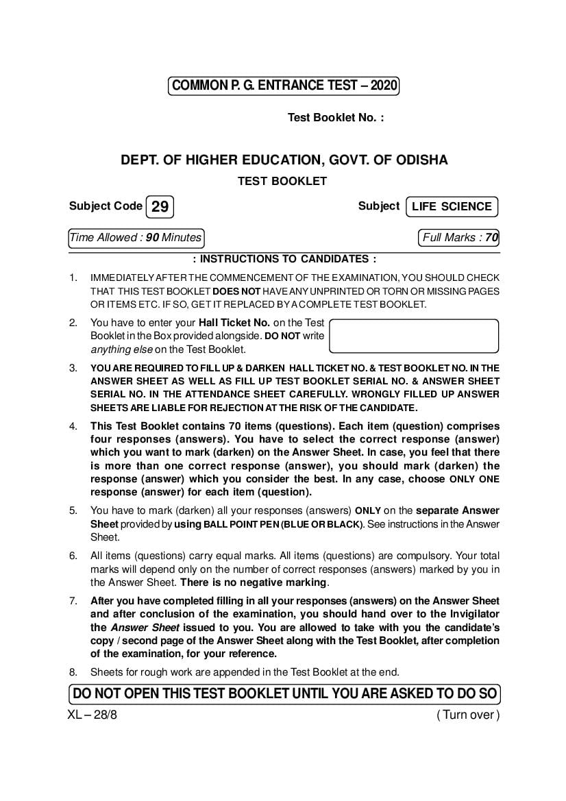 Odisha CPET 2020 Question Paper Life Science - Page 1