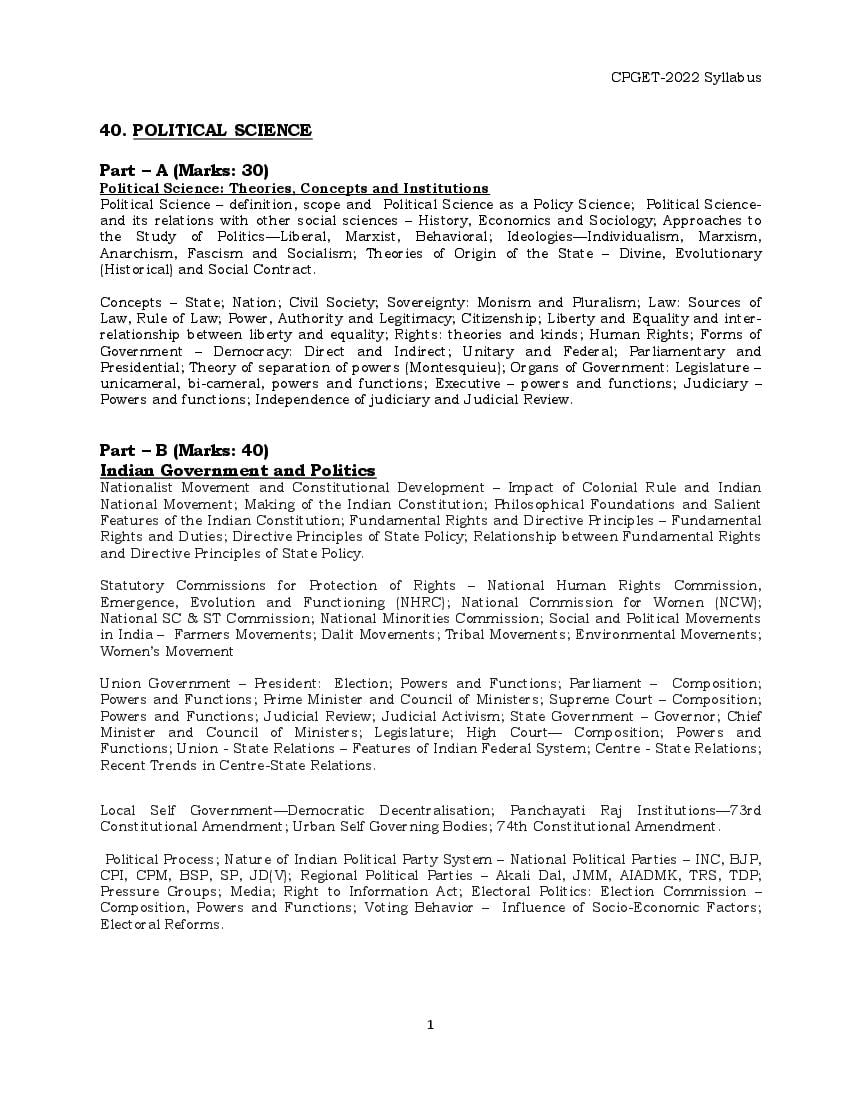 TS CPGET 2022 Syllabus MA Political Science - Page 1