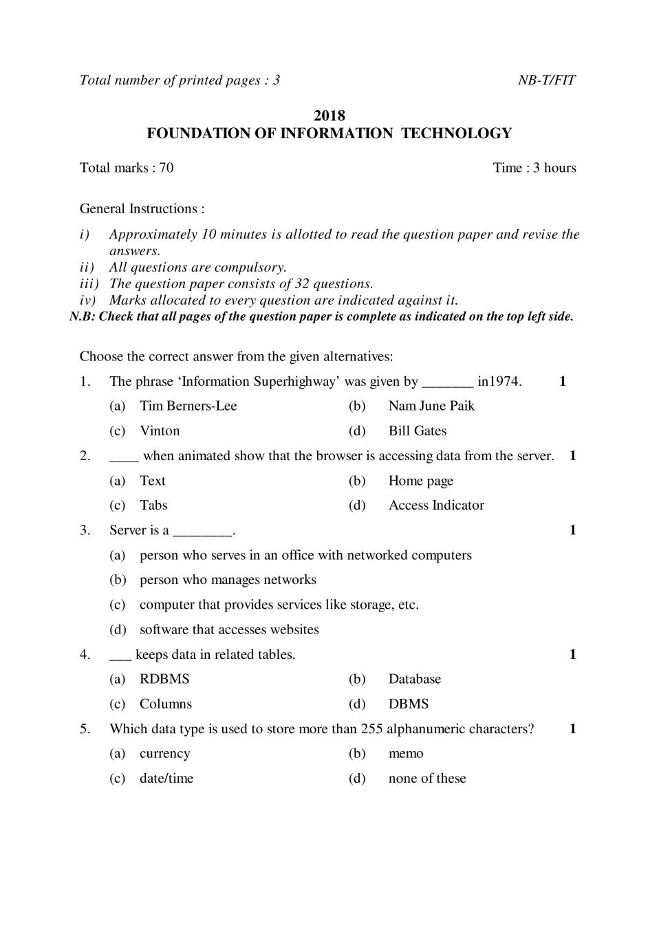 NBSE Class 10 Question Paper 2018 for Foundation of Information Technology - Page 1