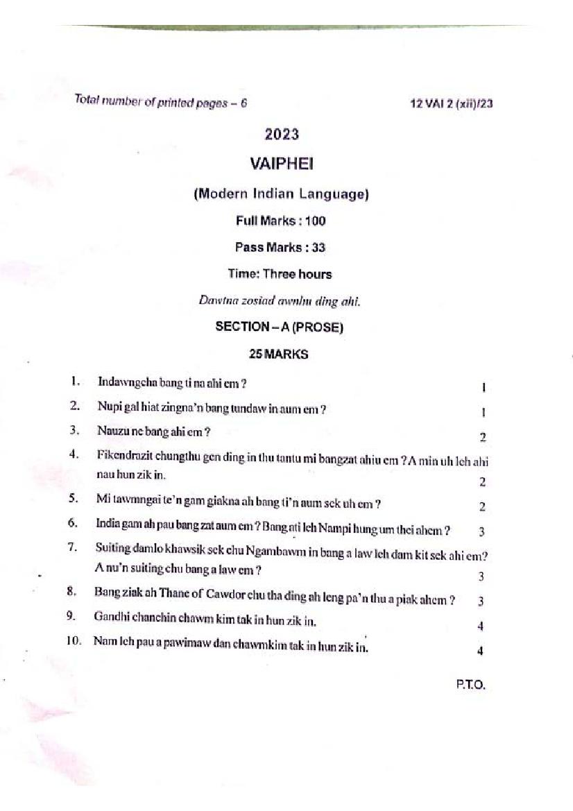 Manipur Board Class 12 Question Paper 2023 for Vaiphei - Page 1