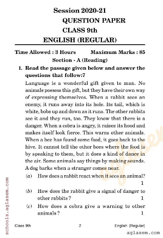 HP Board Class 9 Question Paper 2021 English - Page 1