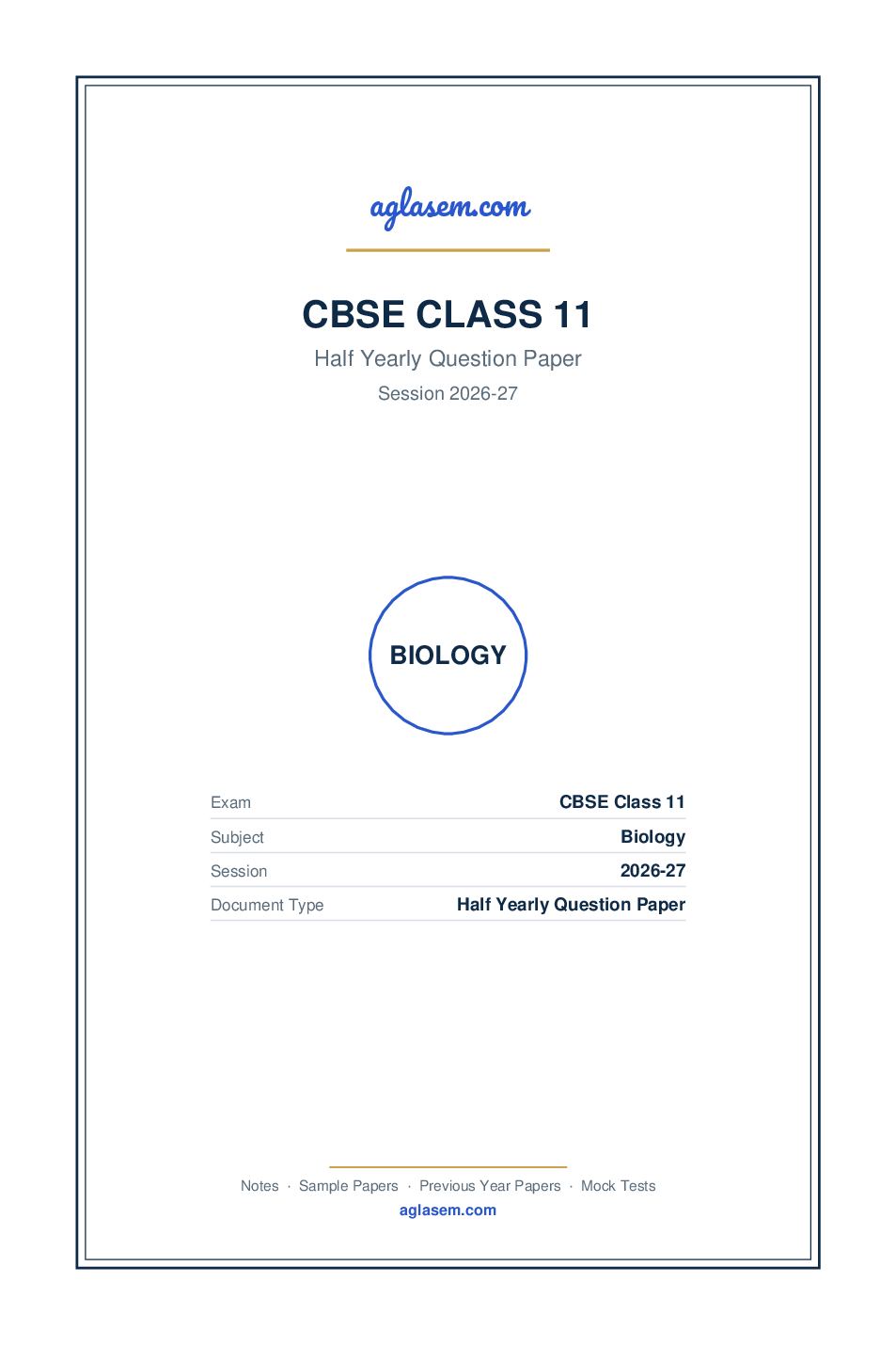 Class 11 Half Yearly Question Paper 2026-27 Biology - Page 1 of 7