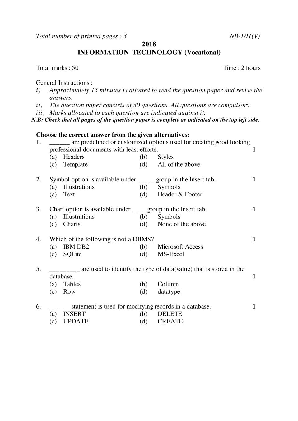 NBSE Class 10 Question Paper 2018 for Information Technology Voc - Page 1
