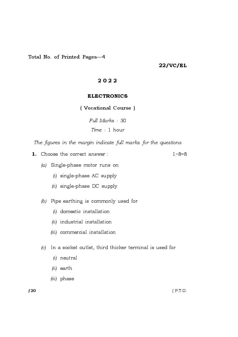 MBOSE Class 10 Question Paper 2022 for Electronics - Page 1