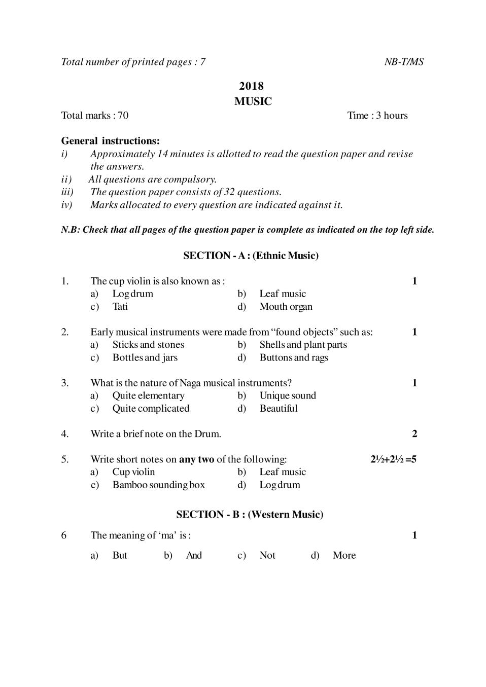 NBSE Class 10 Question Paper 2018 for Music - Page 1