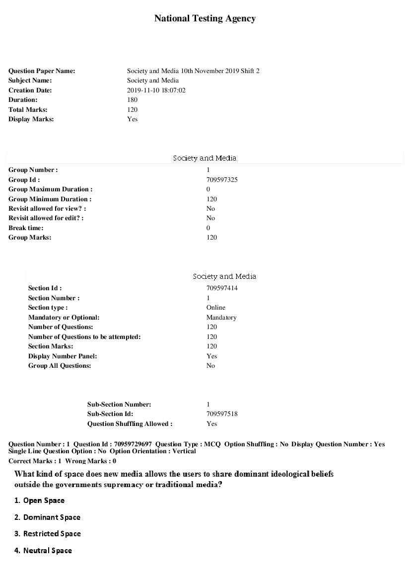 SWAYAM 2019 Question Paper Society and Media