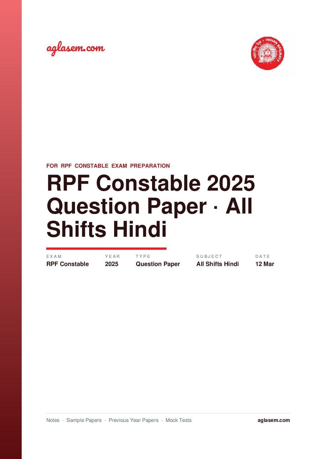 RPF Constable 2025 Question Paper 12 Mar All Shifts (in Hindi) - Page 1 of 63