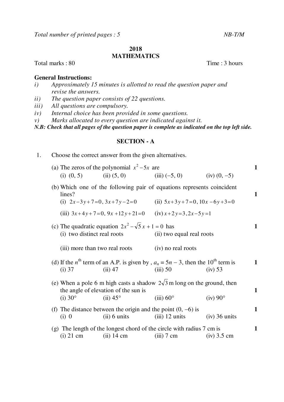 NBSE Class 10 Question Paper 2018 for Maths - Page 1