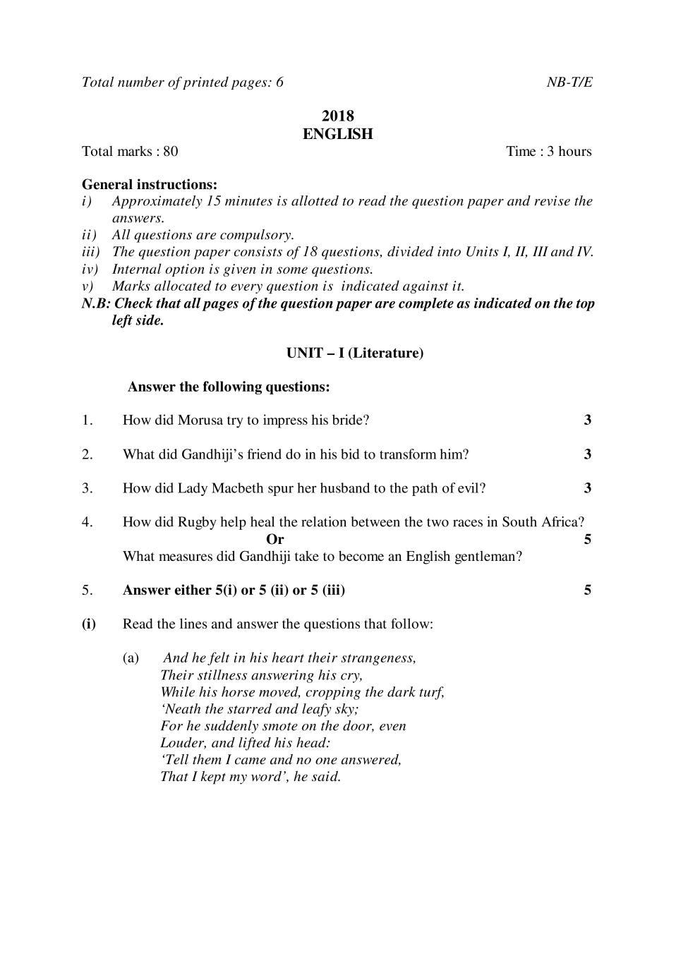 NBSE Class 10 Question Paper 2018 for English - Page 1