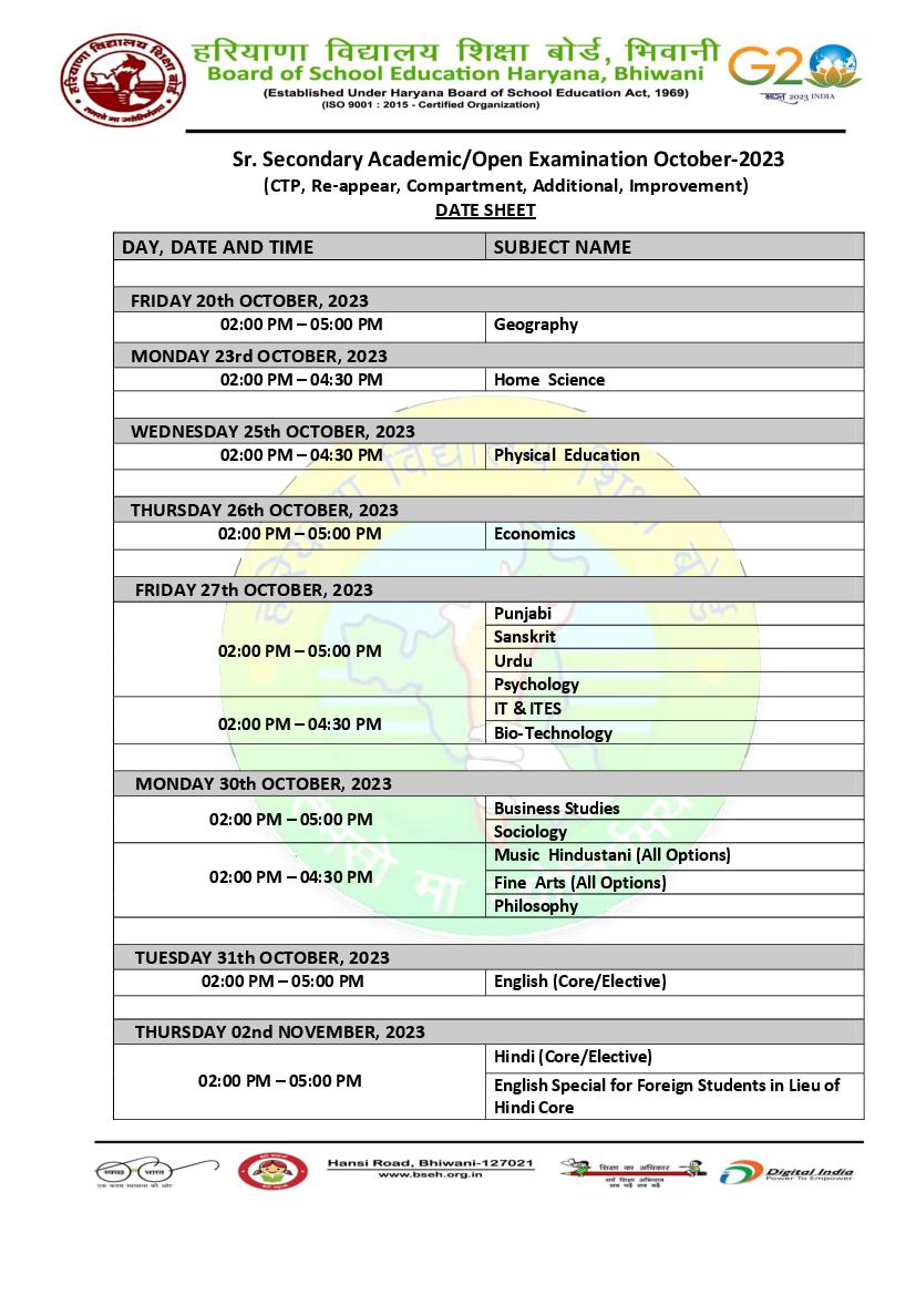 HBSE Haryana Open School 12th Date Sheet 2023 October Check HOS hbse-haryana-open-school-12th-date-sheet-2023-october-check-hos