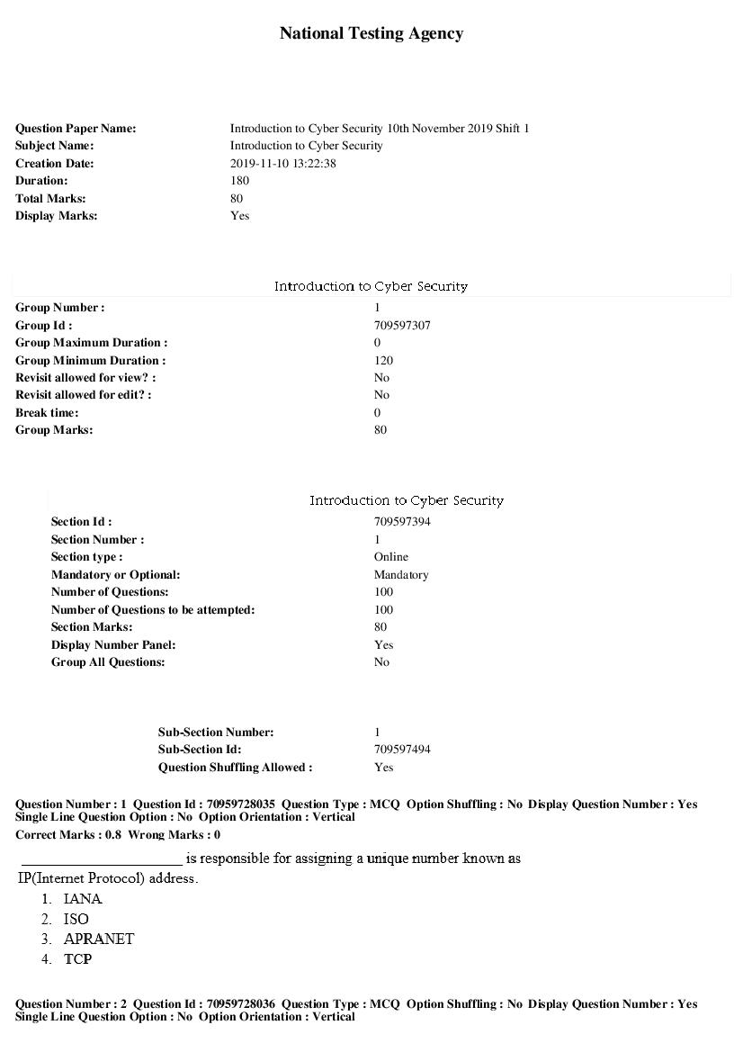 SWAYAM 2019 Question Paper Introduction to Cyber Security Shift 1 - Page 1 of 21