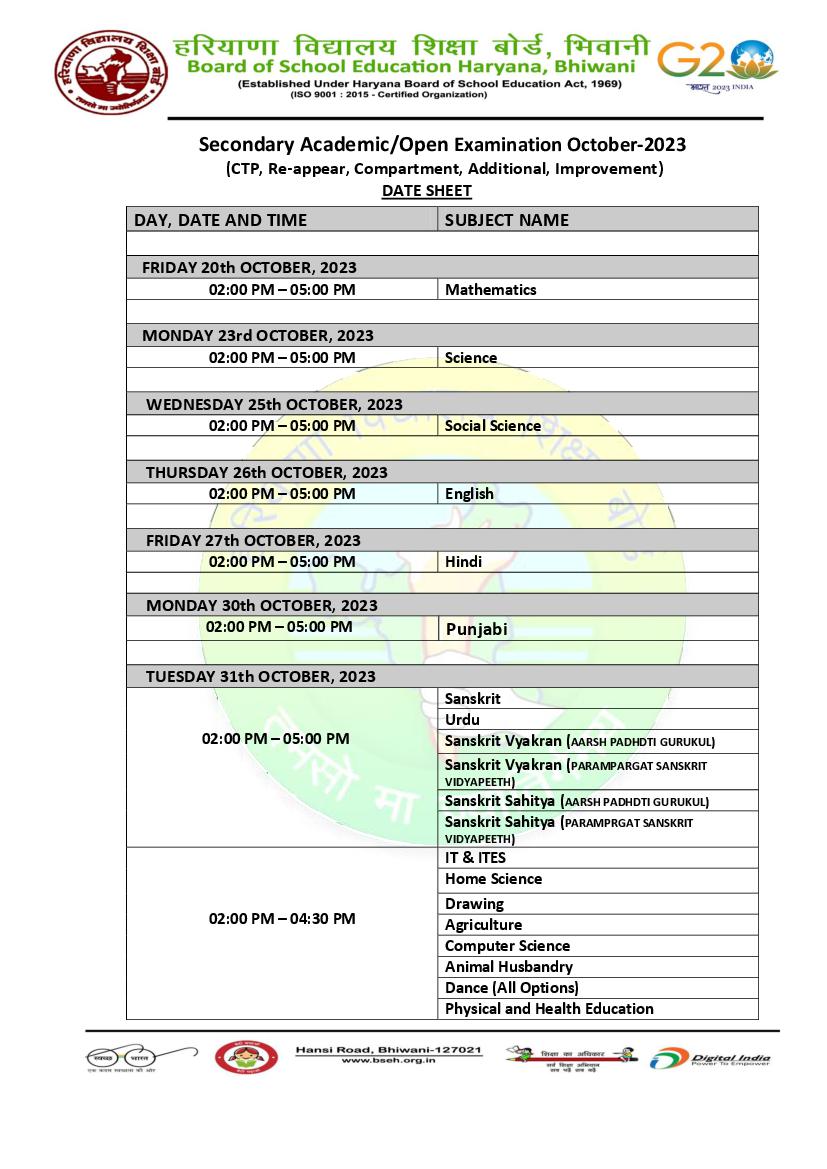 HBSE HOS 10th Date Sheet 2023 (October) - Page 1