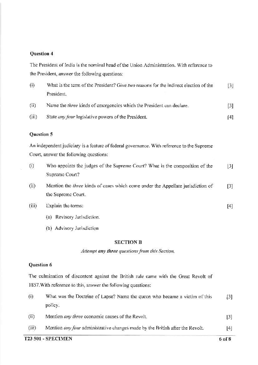 ICSE History and Civics Specimen Paper 2023 (PDF) - CISCE Class 10 HCG ...