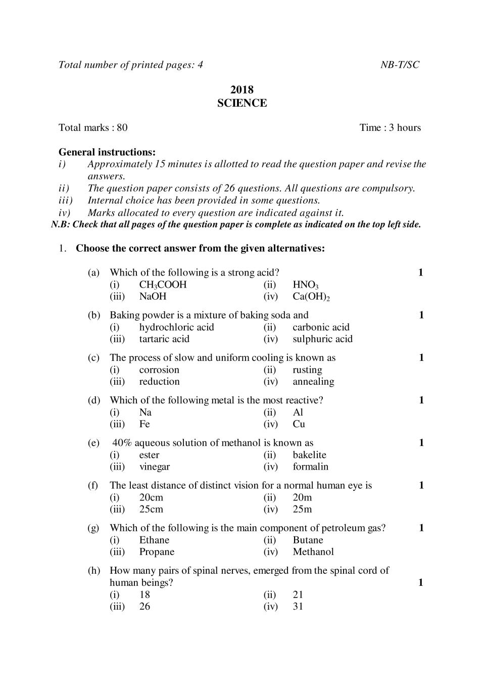 NBSE Class 10 Question Paper 2018 for Science - Page 1