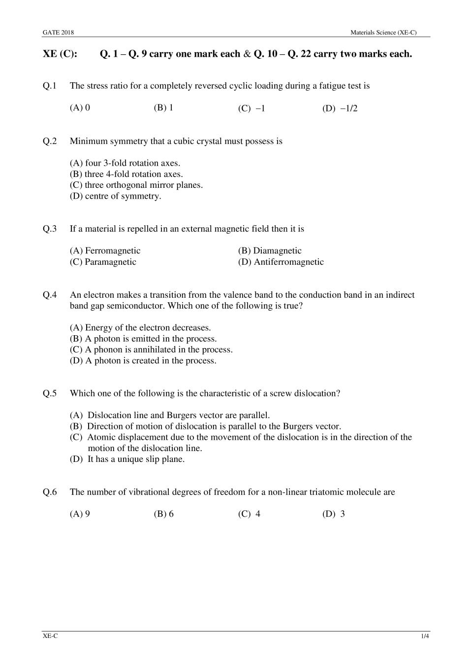 GATE 2018 Materials Science (XE-C) Question Paper with Answer - Page 1