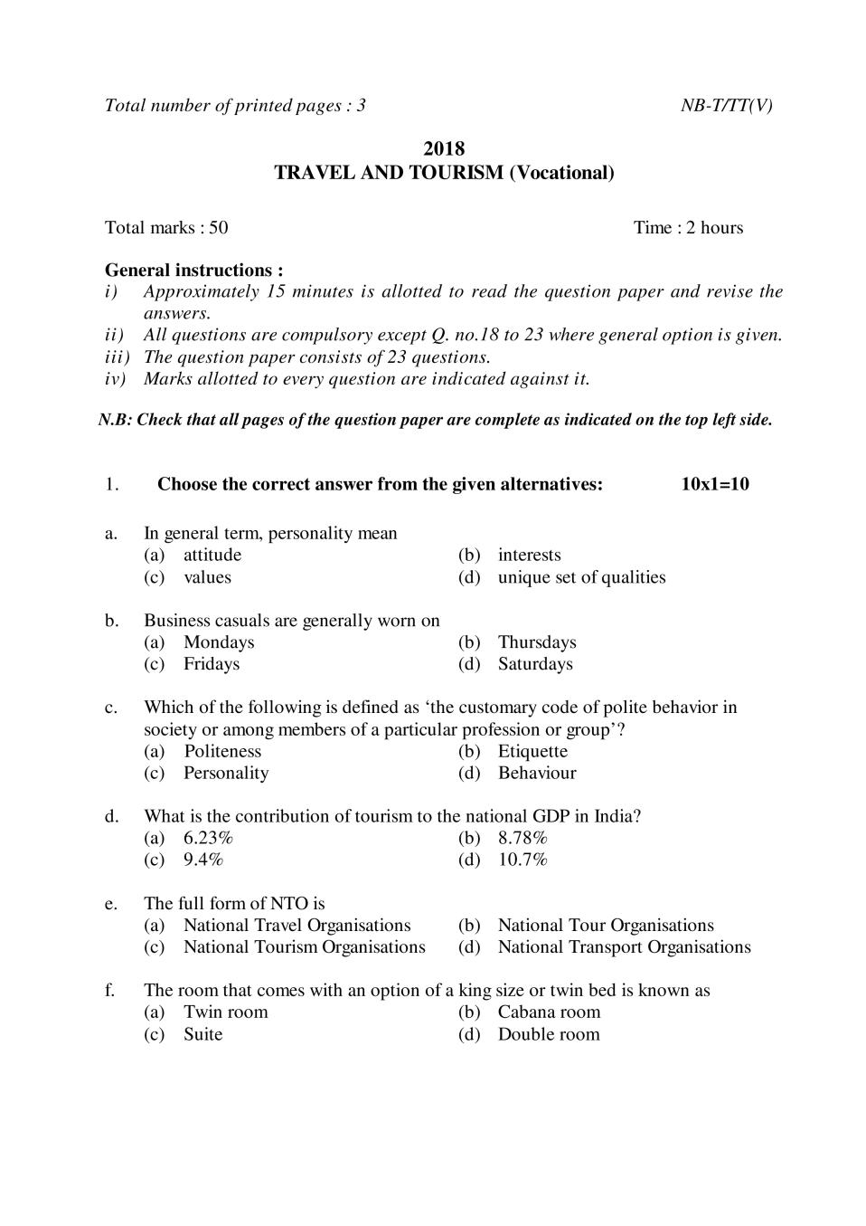 NBSE Class 10 Question Paper 2018 for Travel Tourism - Page 1