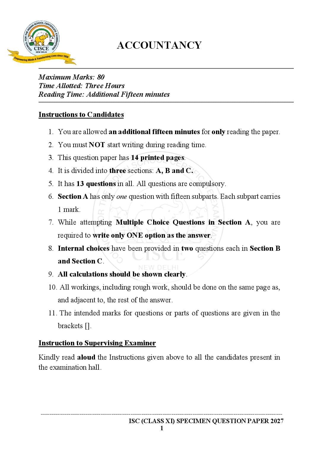 ISC Class 11 Specimen Paper 2027 Accountancy - Page 1 of 26