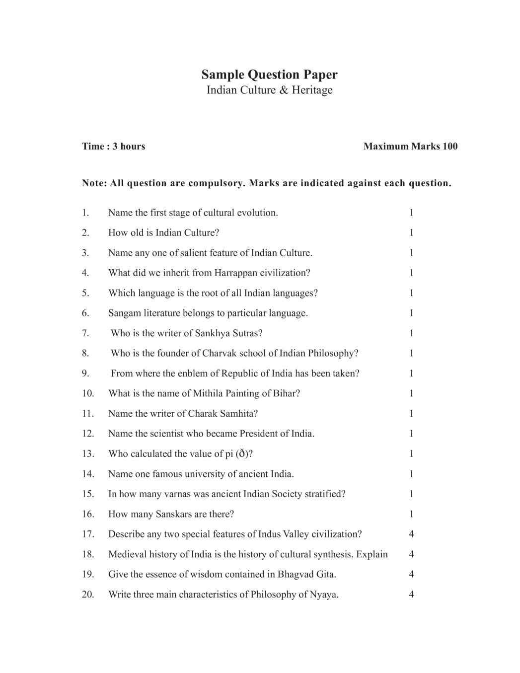 NIOS Class 10 Sample Paper 2020 - Indian Culture and Heritage - Page 1