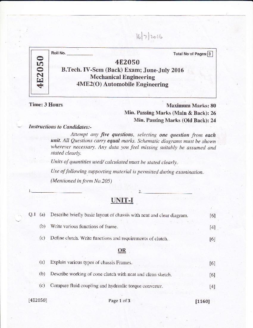 RTU 2016 Question Paper Semester IV Mechanical Engineering Automobile Engineering - Page 1