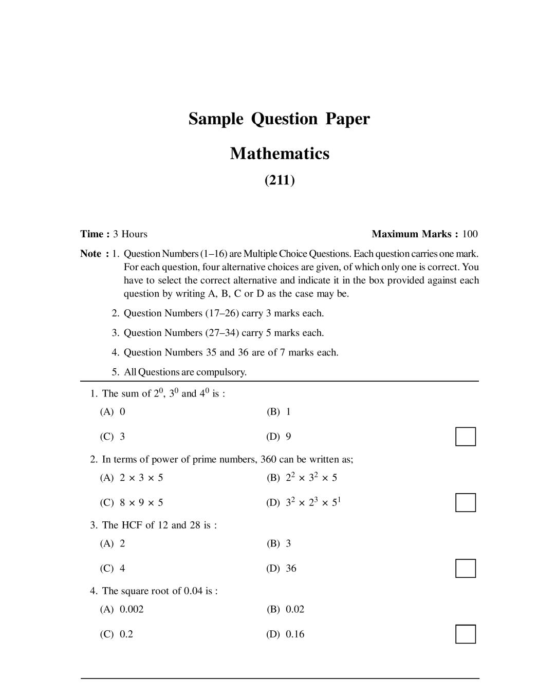 NIOS Class 10 Sample Paper 2020 - Mathematics - Page 1
