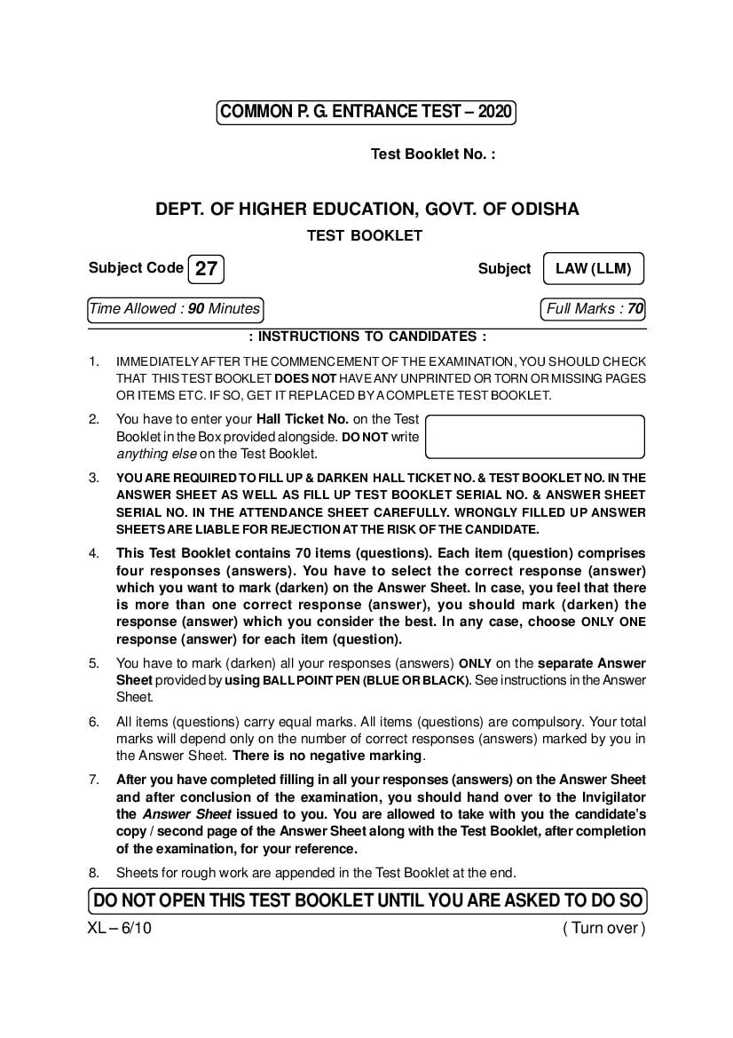 Odisha CPET 2020 Question Paper LLM - Page 1