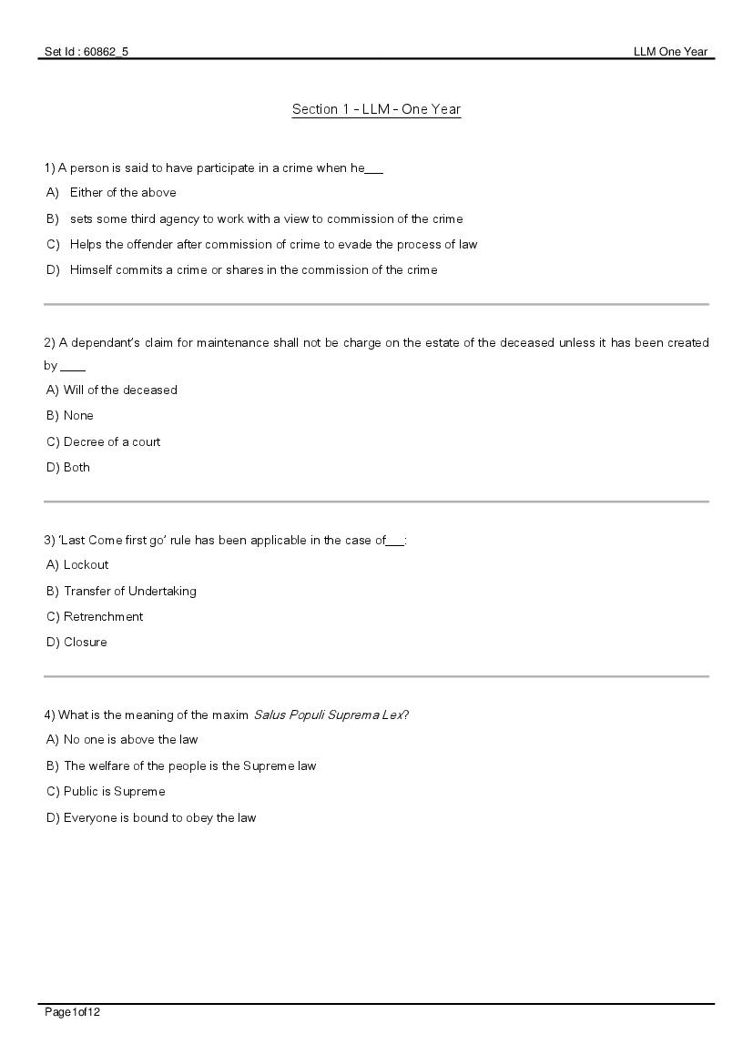 GNDU 2020 Entrance Exam Question Paper LLM 1 Year - Page 1