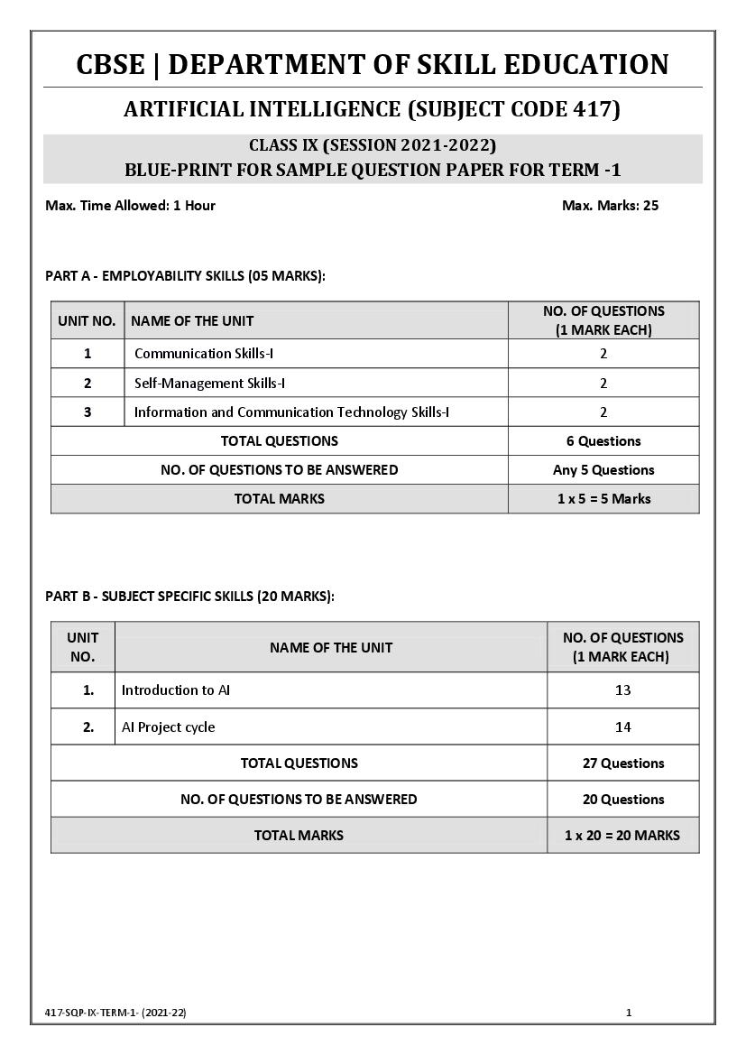 CBSE Class 9 Sample Paper 2022 for Artificial Intelligance Course Term 1 - Page 1