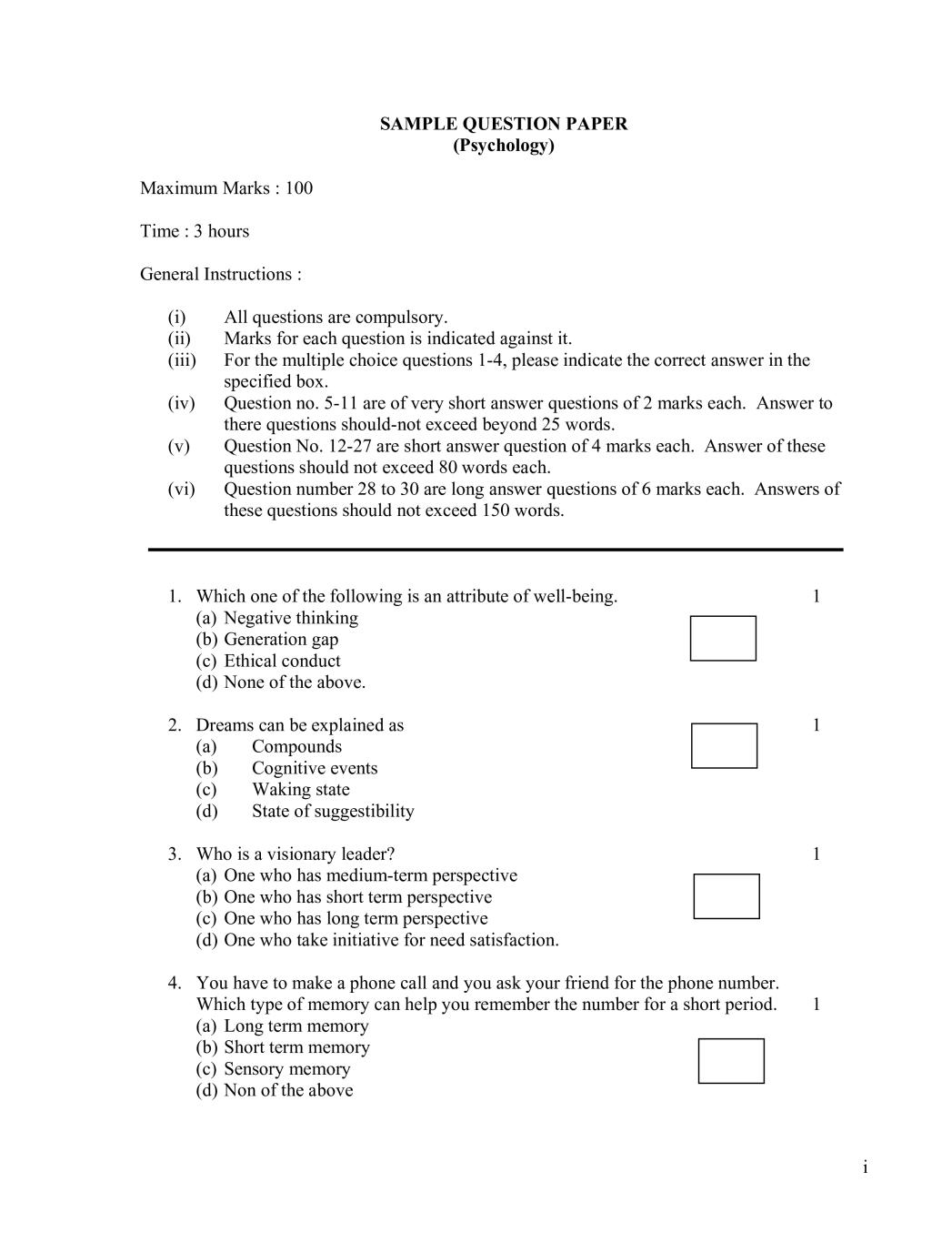 NIOS Class 10 Sample Paper 2020 - Psychology - Page 1