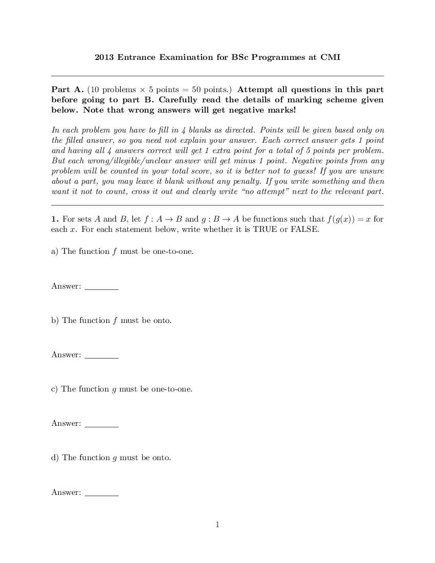 CMI Entrance Exam 2013 Question Paper for B.Sc (Hons.) Mathematics and Computer Science - Page 1
