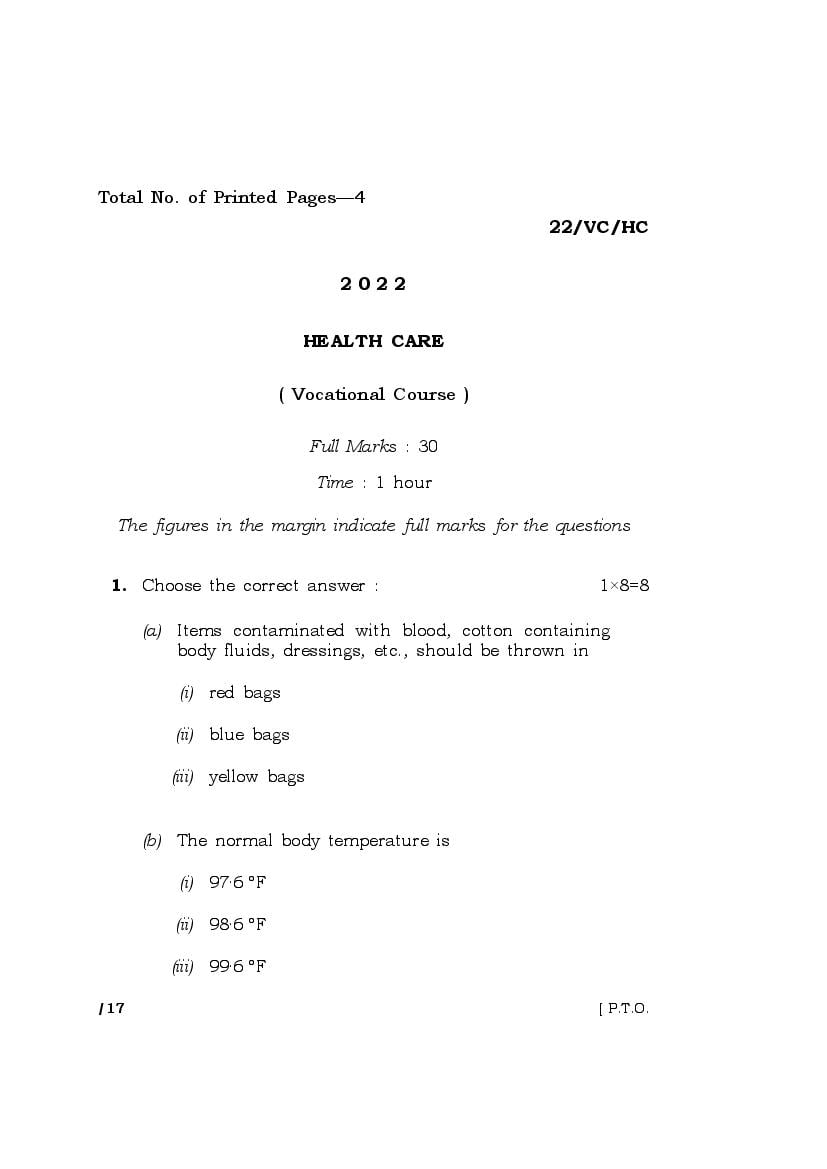 MBOSE Class 10 Question Paper 2022 for Health Care - Page 1