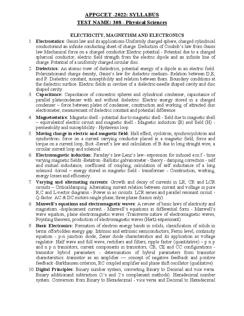 AP PGCET 2022 Syllabus Physical Sciences - Page 1