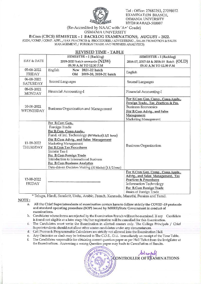 Osmania University Re-Schedule Time-Table of of UG (B.Com) (CBCS