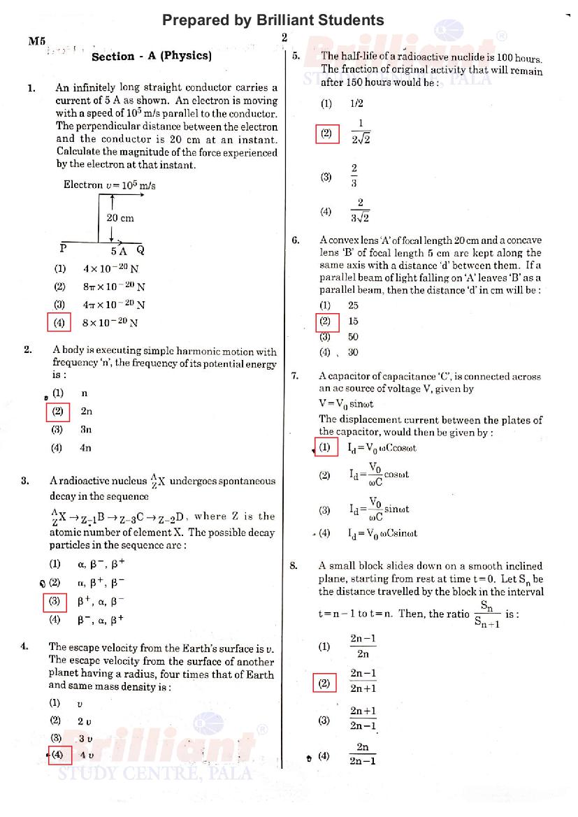 NEET 2021 Answer Key for Set M5 by Brilliant Pala