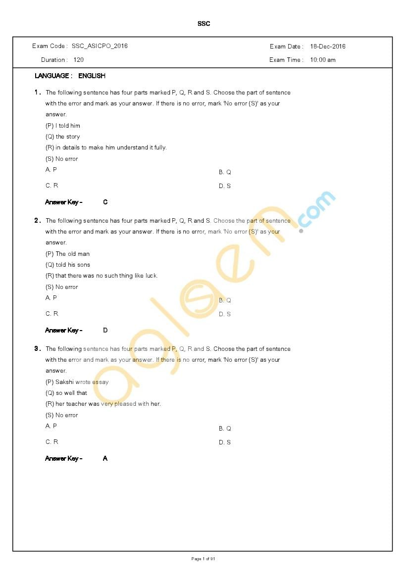 SSC CPO 2016 Question Paper Shift 1 - Page 1