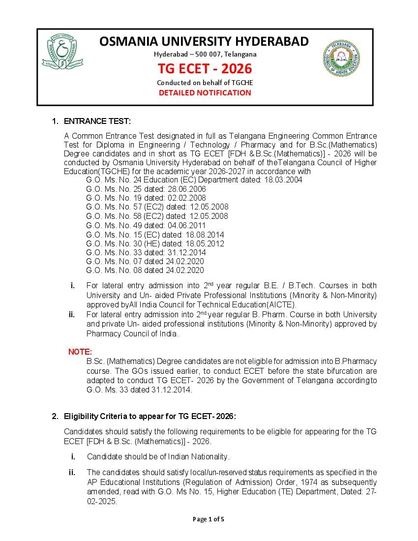 TG ECET 2026 Detailed Notification - Page 1