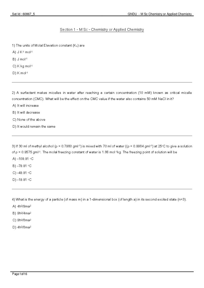 GNDU 2020 Entrance Exam Question Paper M.Sc Chemistry - Page 1 of 16