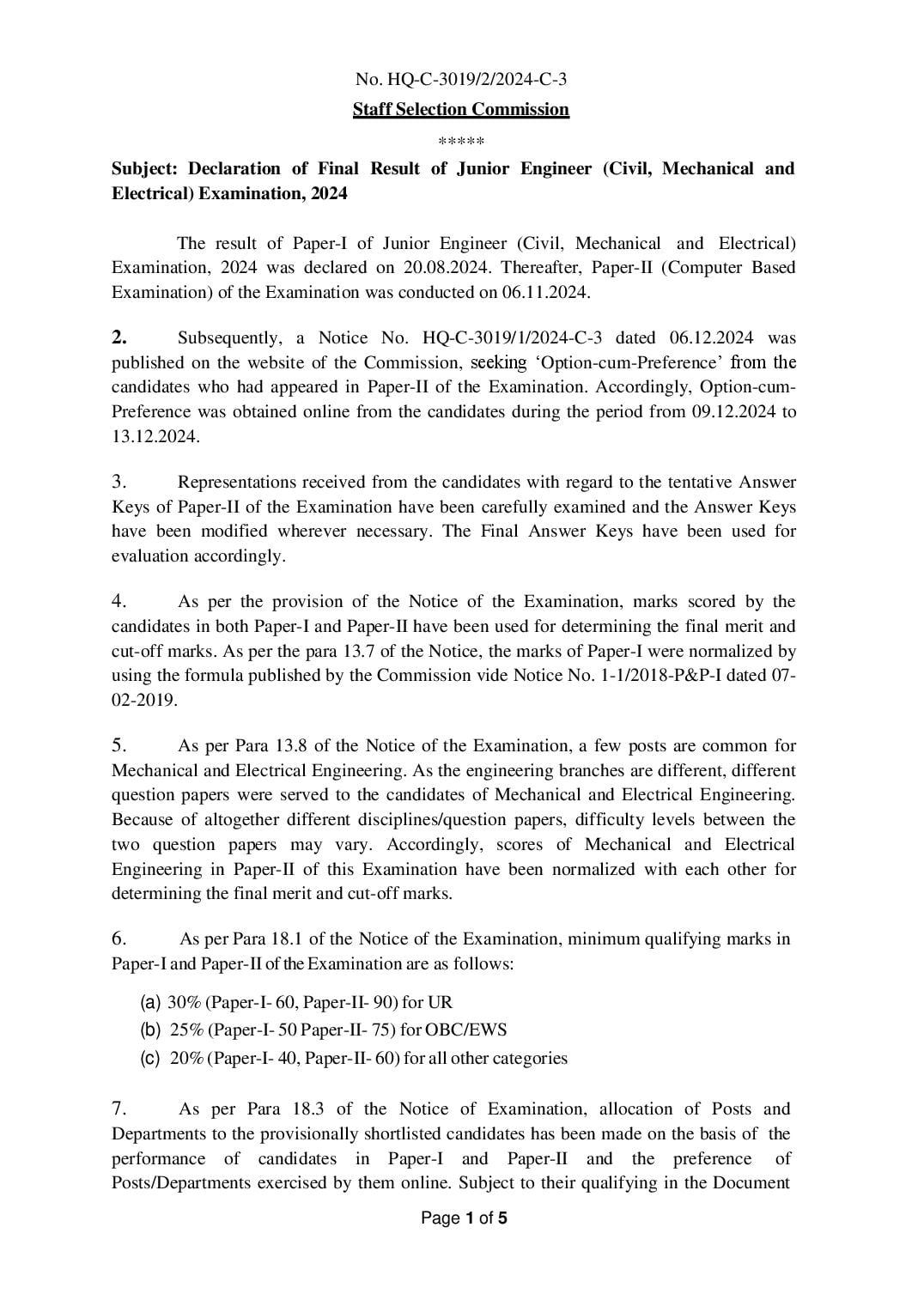 SSC JE 2024 Cut Off Paper 2 Final Result - Page 1 of 5