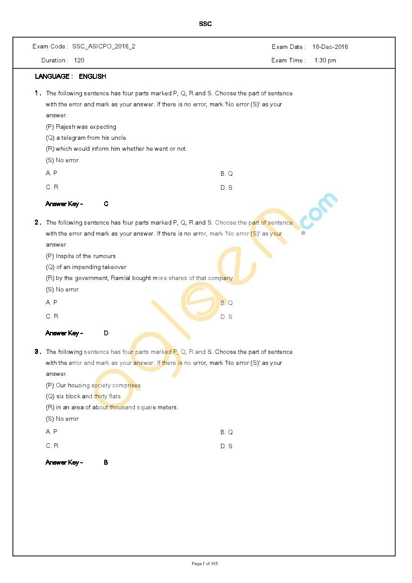 SSC CPO 2016 Question Paper Shift 2 - Page 1