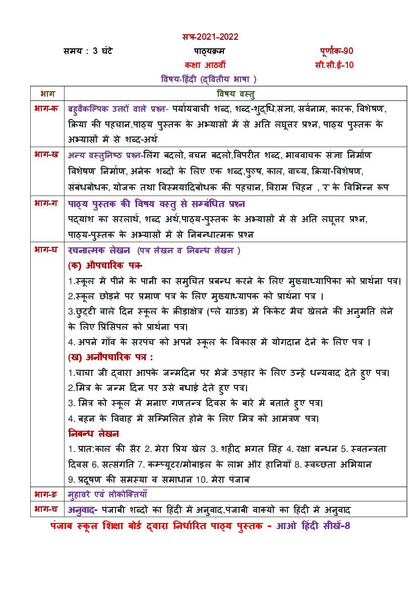 PSEB Syllabus 2021-22 for Class 8 Hindi Second Language - Page 1