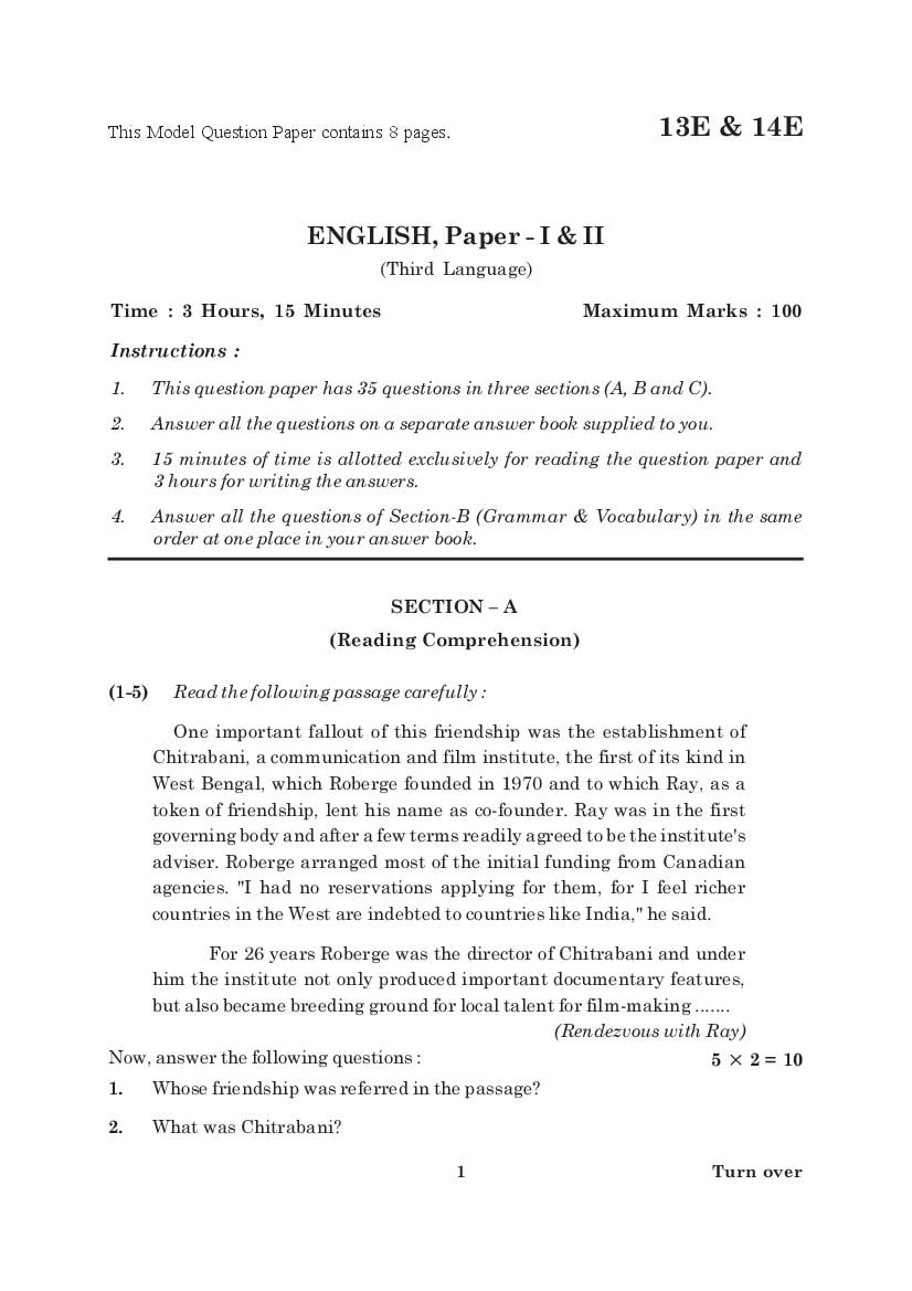 English Sample Paper Class 10 2024 Mp Board